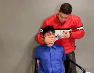 Bound leather biker cum