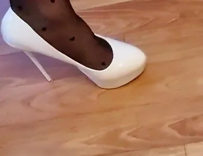 Sexy Trio of High Heels, I Secretly Walk in Their Pantyhose and Play with the Heels