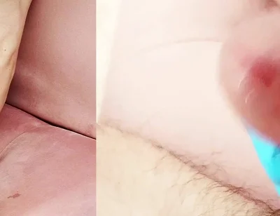 Blue Latex Glove Hand Hard Jerking off Huge Mushroom Head Cock with Cumshot