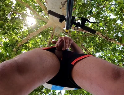 Bulging Young Man Moans with Pleasure in Park Jerking off a Summer Handjob