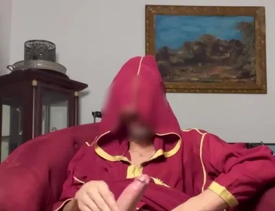 Arab Guy Wearing Jellaba Showing off and Edging His Fat Muslim Dick Before Cumming