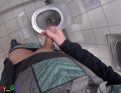 I Pee and Jerk off My Thick, Shaved Foreskin Cock Until I Cum a Large Load in a Motorway Toilet.