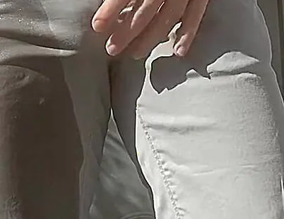 Jules Wets His Grey Pants and Exposes His Semi-hard Cock Through His Trousers