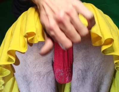 Red Lacy Panties Under Yellow Skirt