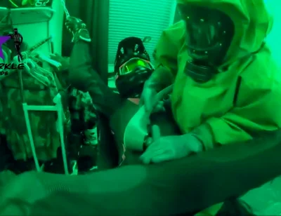 Hazmat gear boys fucking biker in sling