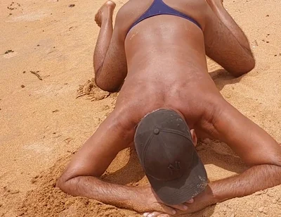 Ladysmith Doing a Striptease on the Beach Showing off Her Tanned Ass with Sexy Mark