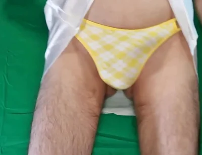 Yellow Plaid Thong and Satin White Nightgown