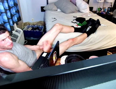 Jerk off with Feet on Bed with Socks Pulled to Calves as I Bust Grunting Hard in Chair