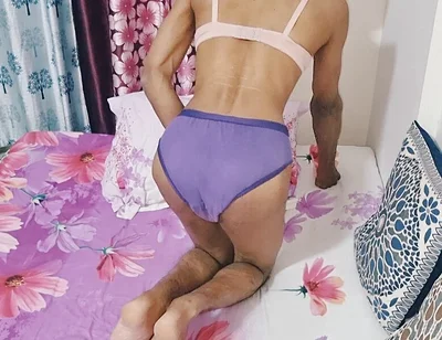 Horny Indian Teen Femboy Wearing His Stepmom's Cute Panties and Bra