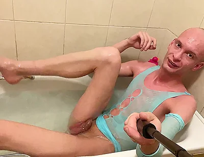 Fully Shaved Skinny Bald Femboy Takes Bath In Feminine Clothing