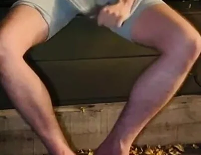 Amateur Twink in Adilette Sandals Wets Himself in the Garden and Takes His Cock Out