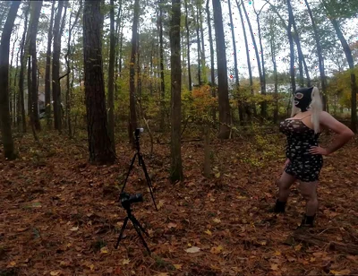 Giant Fake Tits Crossdresser Walk in the Woods Behind the Scenes Photo Shoot