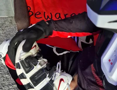 An Excited Guy in Motorcycle Gear Fucks His Sneakers