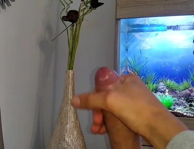 Hot Young Guy Wanks His Nice Big Cock Until He Cums Slowly in Front of the Aquarium
