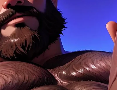 Thick Hairy Bear Stroking Himself Sensually. Man Bun and Massive Body