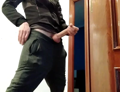 Handjob From Hot Amateur Guy with Big Cock, Shoots at the Door