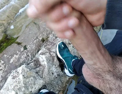 Handsome Gives Perfect Cumshot From Nice Big Hard Cock Spit in Front of River Waterfall