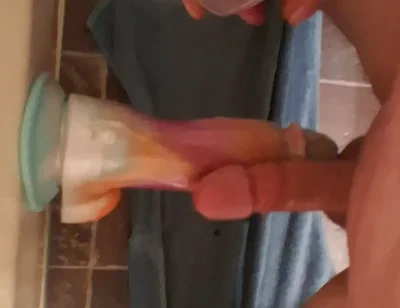 Rubbing Cocks with Huge Vibrating Dildo