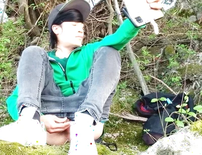 Risky Masturbation Outdoors a Man's Voice Caught This Cute Gay Twink with His Balls Hanging Out, Jerking off His Uncut Foreskin