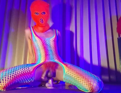 Orange Balaclava Mask Sissy Trans Dyed Pubic Hair Fuck Myself with Dildo