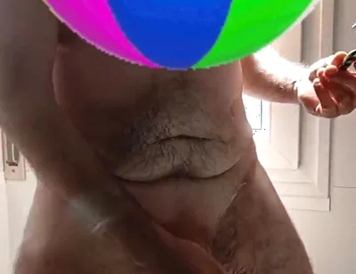 Handsome Mature Chubby with Big Fat Cock Shaving My Cock and Eggs in the Shower in Close-up