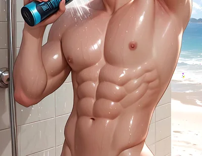 Soft Kawaii Boy in Beach Shower with Pastel Pink Hair