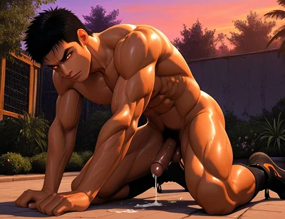 Muay Thai Fighter Kneeling with Cum Dripping From Erect Dick at Twilight