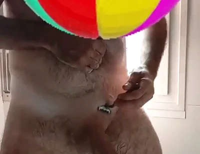 Handsome Mature Chubby with Big Fat Cock Shaving My Cock and Eggs in the Shower in Close-up