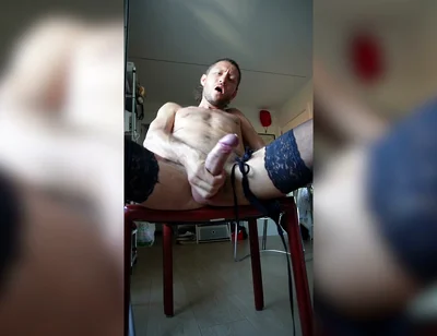 Lace Stockings Chair Tease - Wet Cock and a Loud Solo Finish