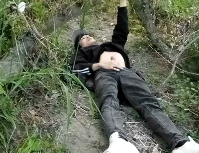 This Gay Twink Sticks His Cock Through His Fly to Jerk off Outside