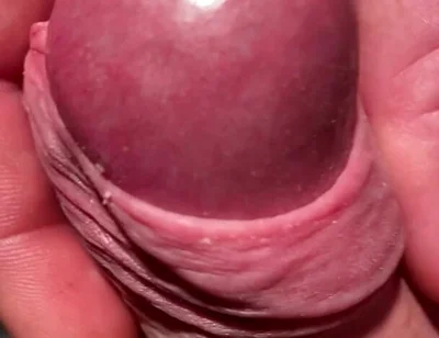 Edging His Big Cock Head with His Own Foreskin Until He Cums