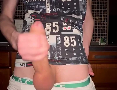 Twink pulls off his Panties and Jerks Off his Huge 23 cm Cock