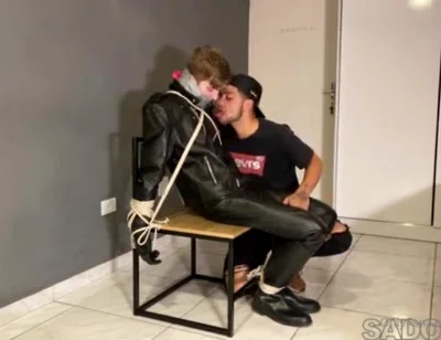 Bound leather boy cum load