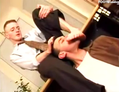 Vintage Office Worship- Dress Shoes, Black Socks, And Bare Feet Under The Desk